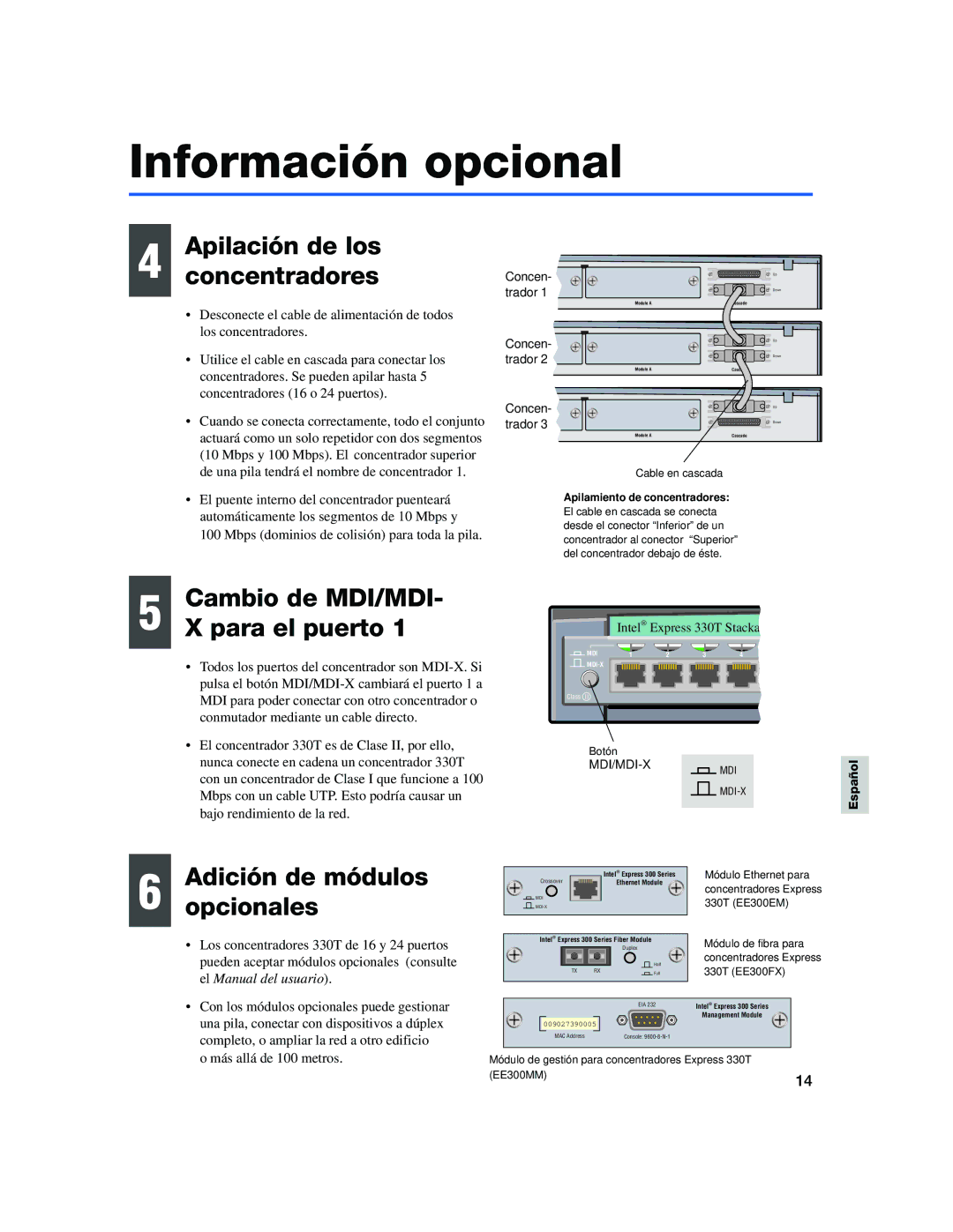 Intel 330T quick start Información opcional, Apilación de los Concentradores, Cambio de MDI/MDI Para el puerto 