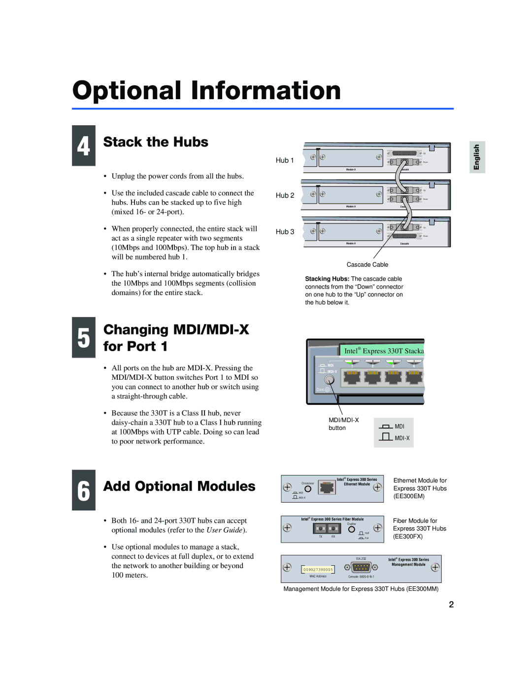 Intel 330T quick start Optional Information, Stack the Hubs, Changing MDI/MDI-X For Port, Add Optional Modules 