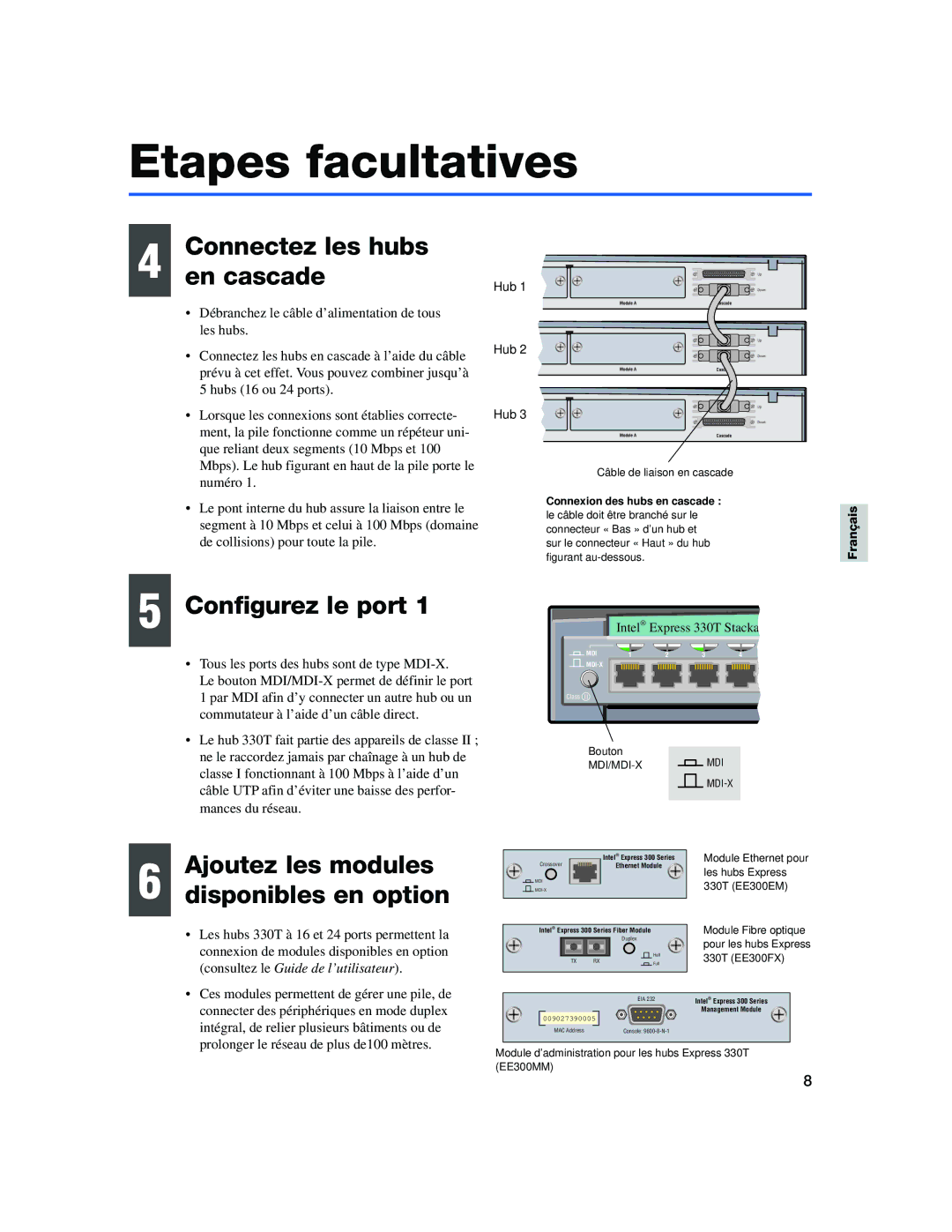 Intel 330T quick start Etapes facultatives, Connectez les hubs En cascade, Ajoutez les modules Disponibles en option 