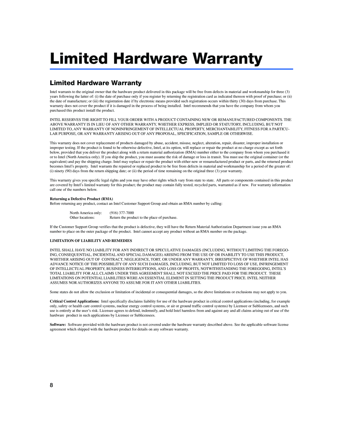 Intel 330T quick start Limited Hardware Warranty, Returning a Defective Product RMA, Limitation of Liability and Remedies 