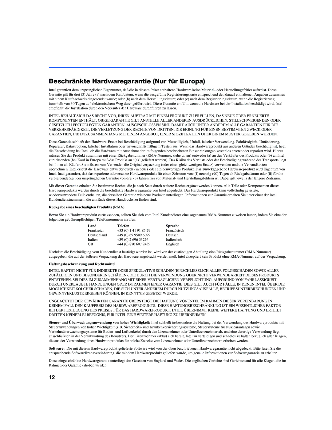 Intel 330T Beschränkte Hardwaregarantie Nur für Europa, Rückgabe eines beschädigten Produkts RMA, Land Telefon Sprache 