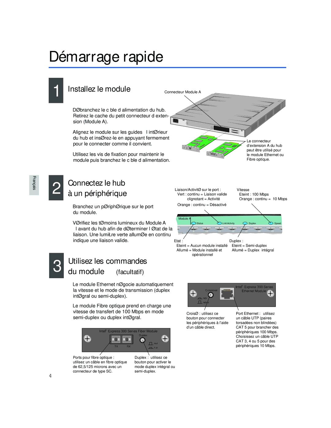 Intel 330T quick start Démarrage rapide, Installez le module, Connectez le hub Un périphérique, Utilisez les commandes 