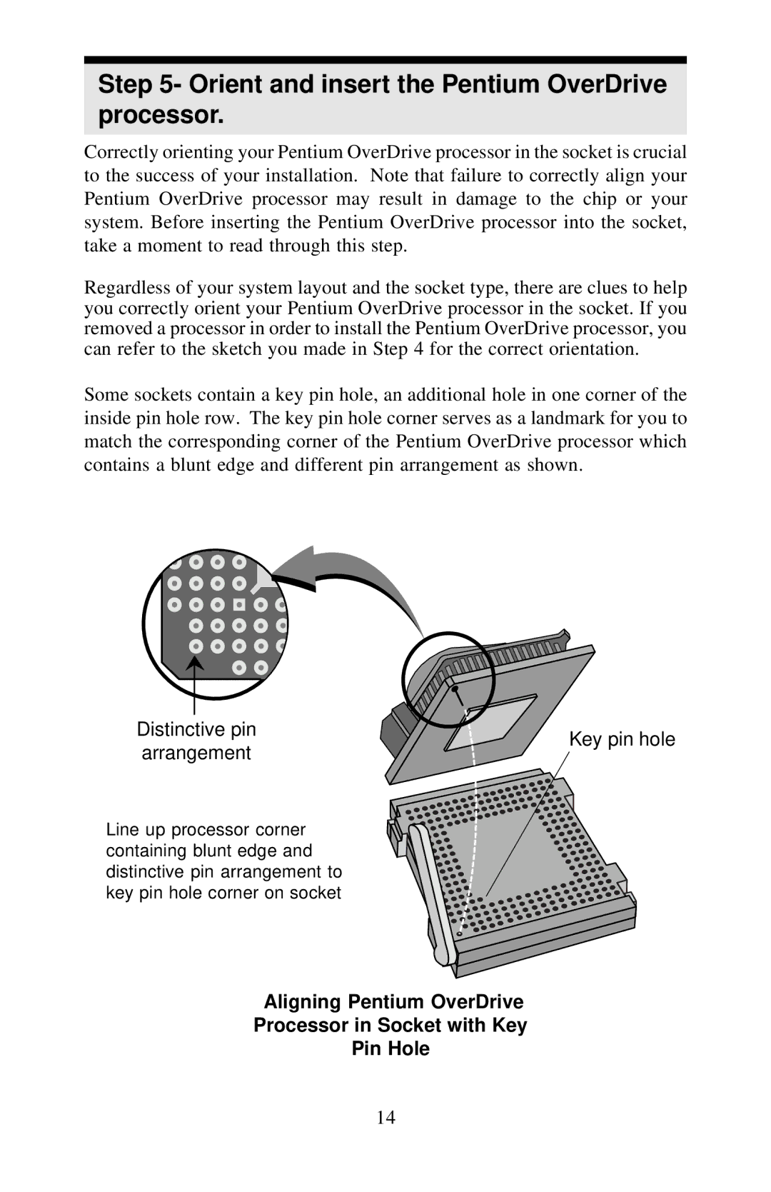 Intel 351599-005 manual Orient and insert the Pentium OverDrive processor, Distinctive pin Key pin hole Arrangement 