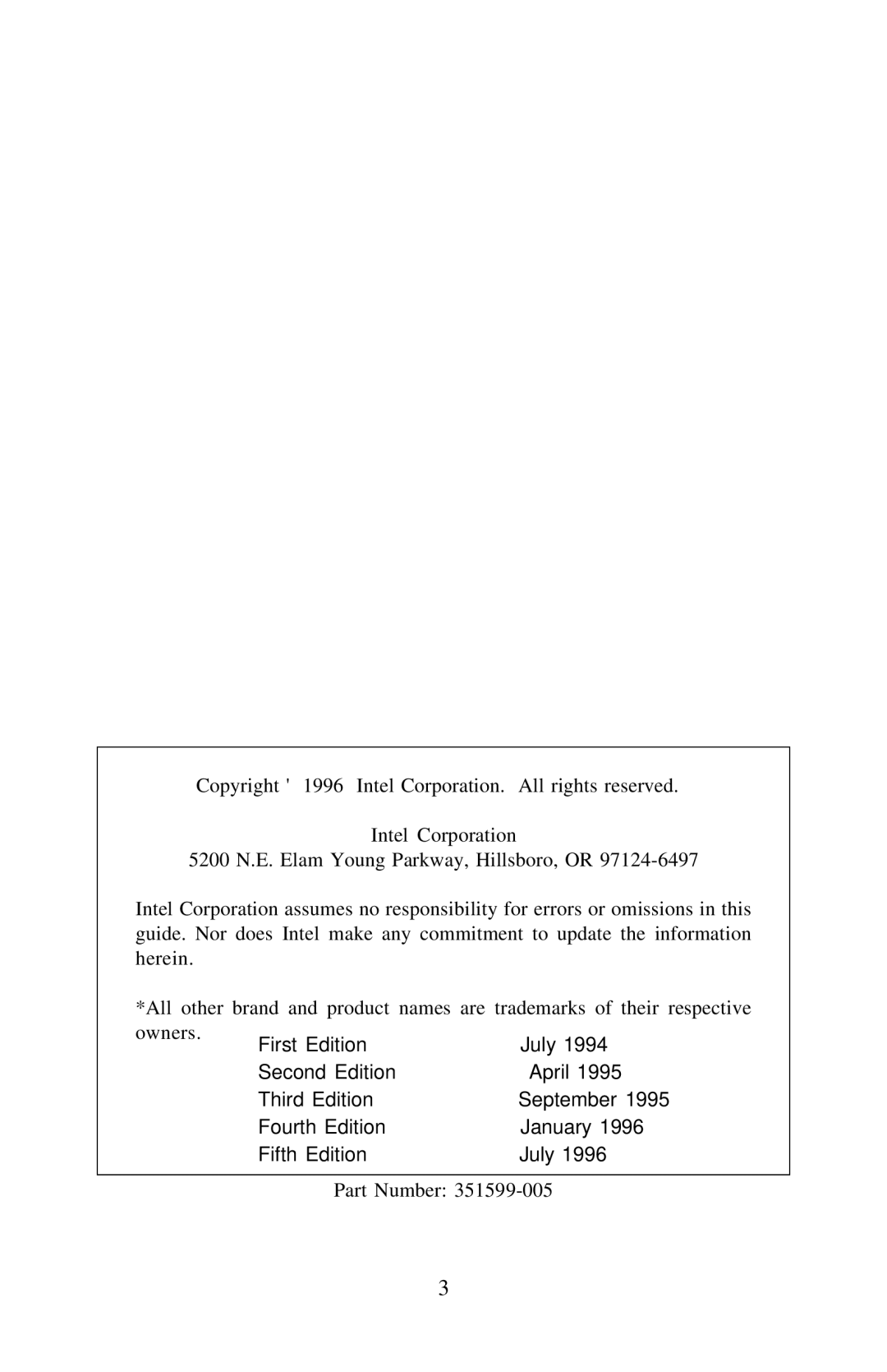 Intel 351599-005 manual Copyright 