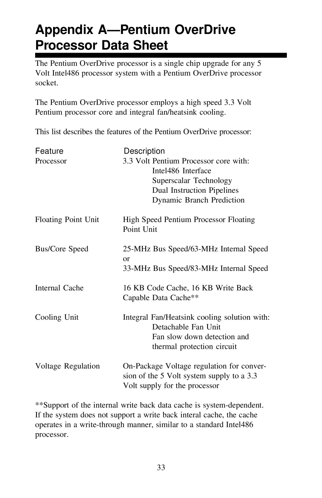 Intel 351599-005 manual Appendix A-Pentium OverDrive Processor Data Sheet, Feature Description 