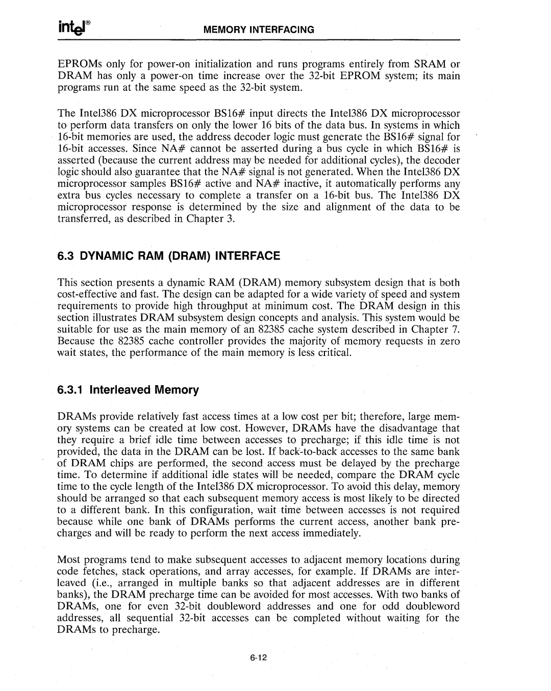 Intel 386 manual Dynamic RAM Dram Interface, Interleaved Memory 