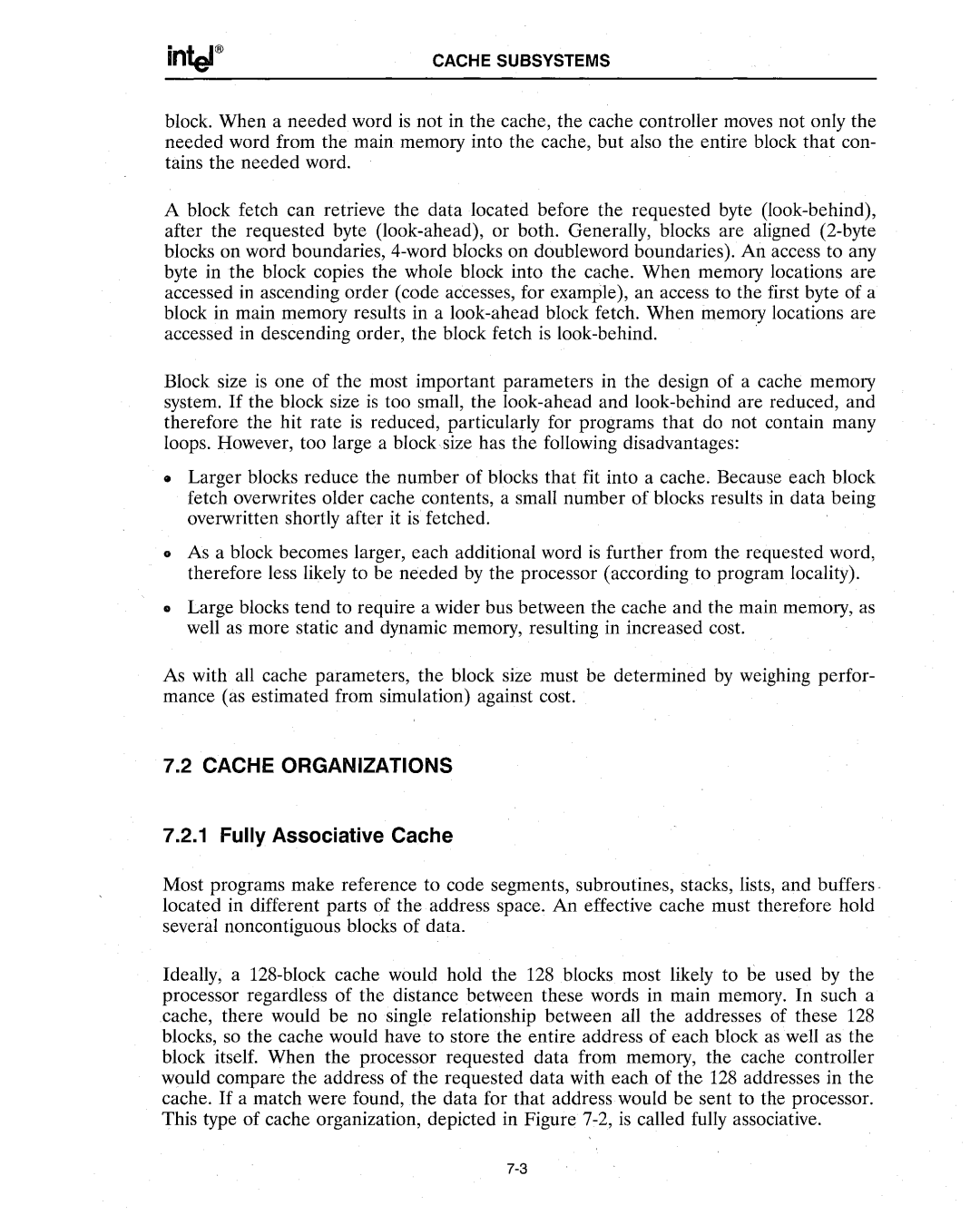 Intel 386 manual Cache Organizations, Fully Associative Cache 