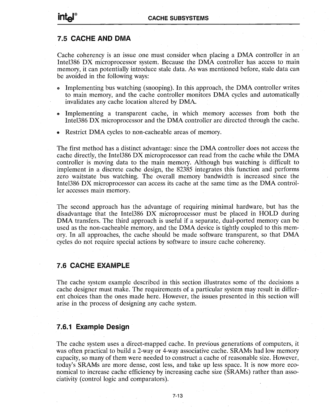 Intel 386 manual Cache and DMA, Cache Example, Example Design 