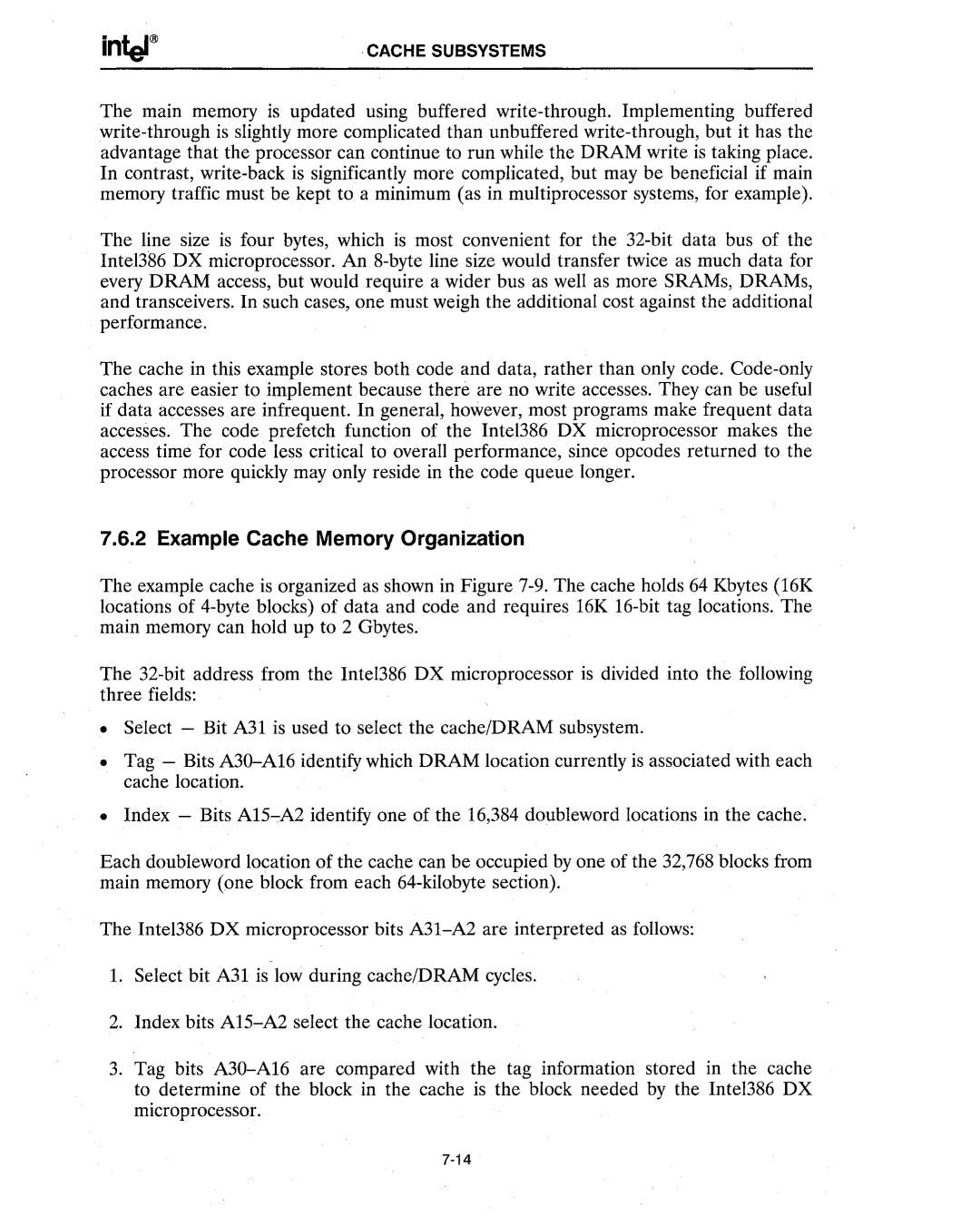 Intel 386 manual Example Cache Memory Organization 