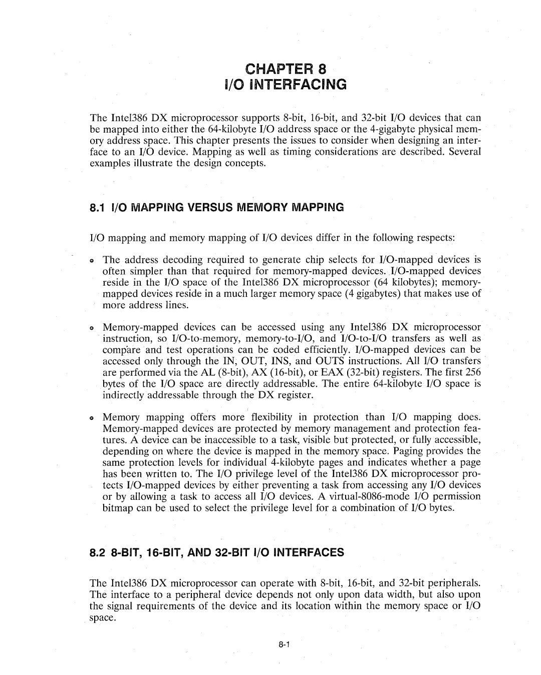 Intel 386 manual Chapters Interfacing, I/O Mapping Versus Memory Mapping, 8-BIT, 16-BIT, and 32-BIT I/O Interfaces 