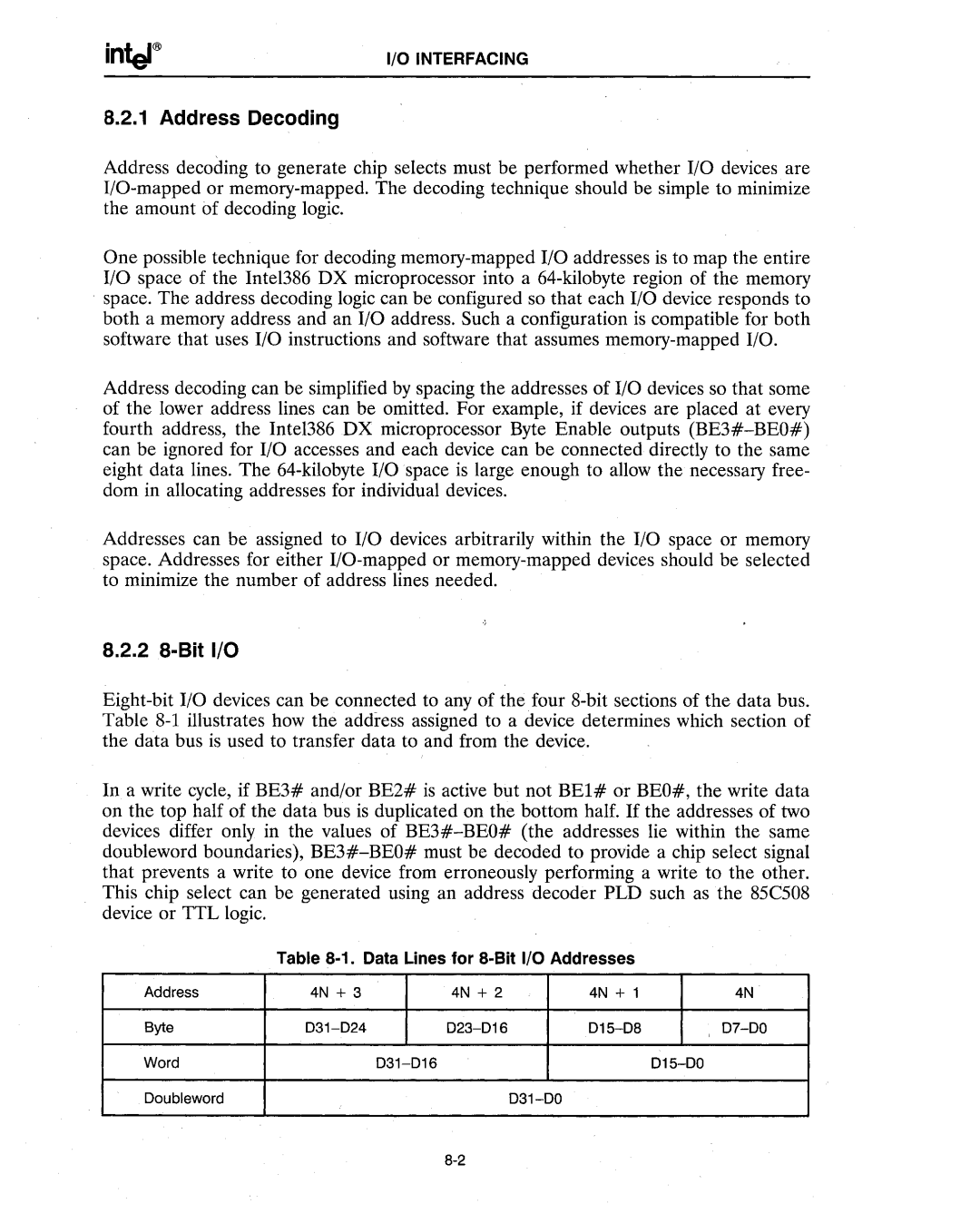 Intel 386 manual Address Decoding, 2 8-Bit I/O 