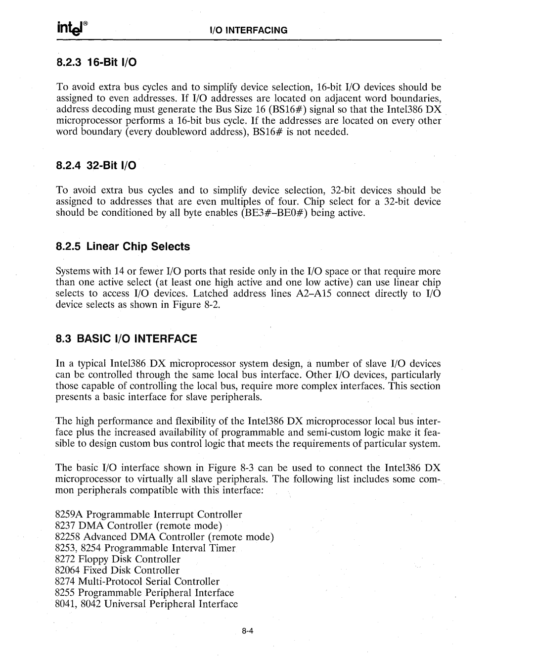 Intel 386 manual 3 16-Bit I/O, 4 32-Bit I/O, Linear Chip Selects, Basic I/O Interface 