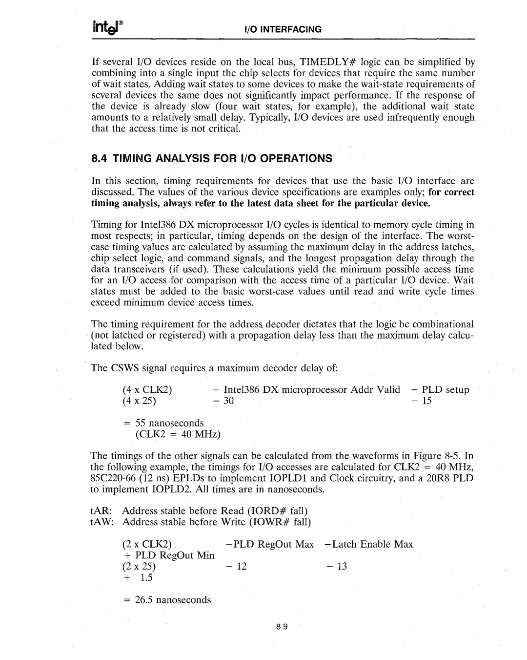 Intel 386 manual Timing Analysis for I/O Operations 