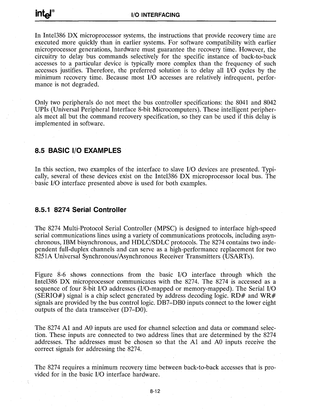 Intel 386 manual Basic I/O Examples, 1 8274 Serial Controller 