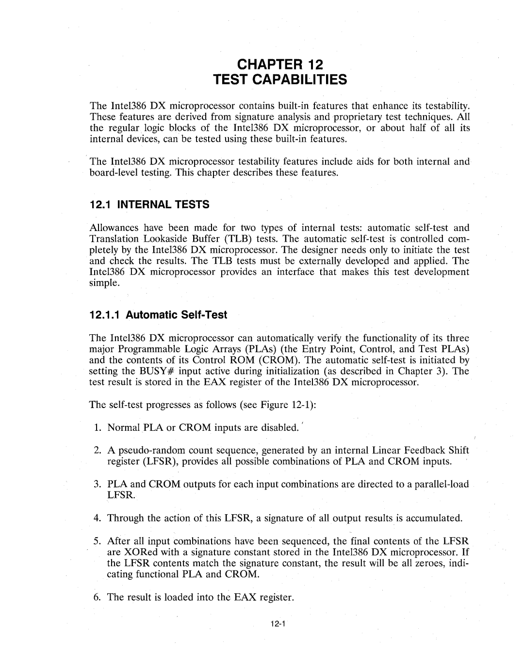 Intel 386 manual Chapter Test Capabilities, Internal Tests, Automatic Self-Test 