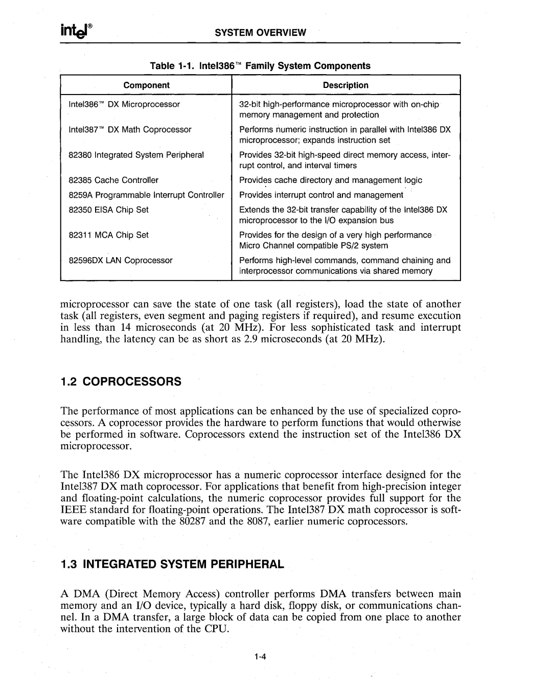 Intel 386 manual Coprocessors, Integrated System Peripheral 