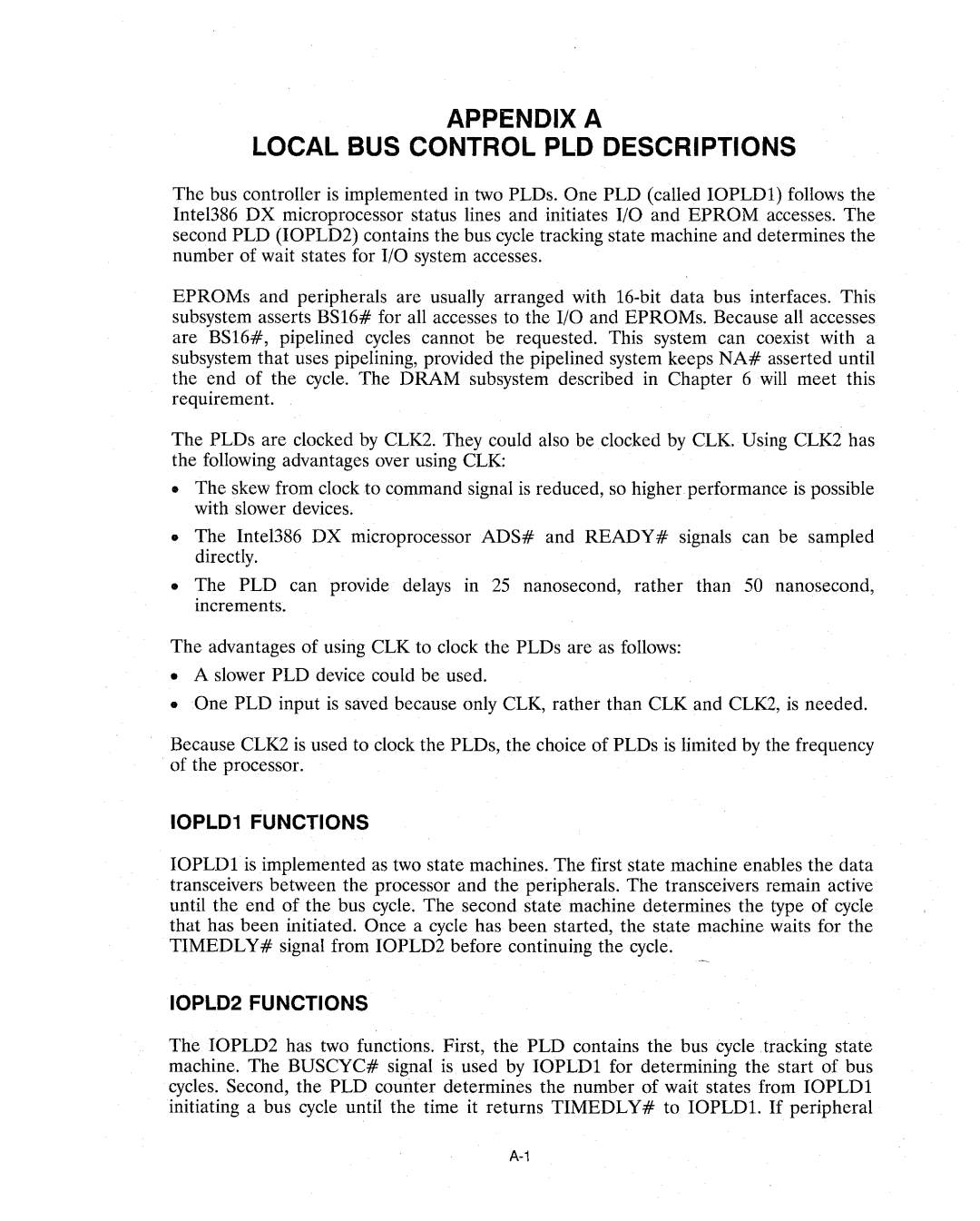 Intel 386 manual Appendix a Local BUS Control PLD Descriptions, IOPLD1 Functions, IOPLD2 Functions 