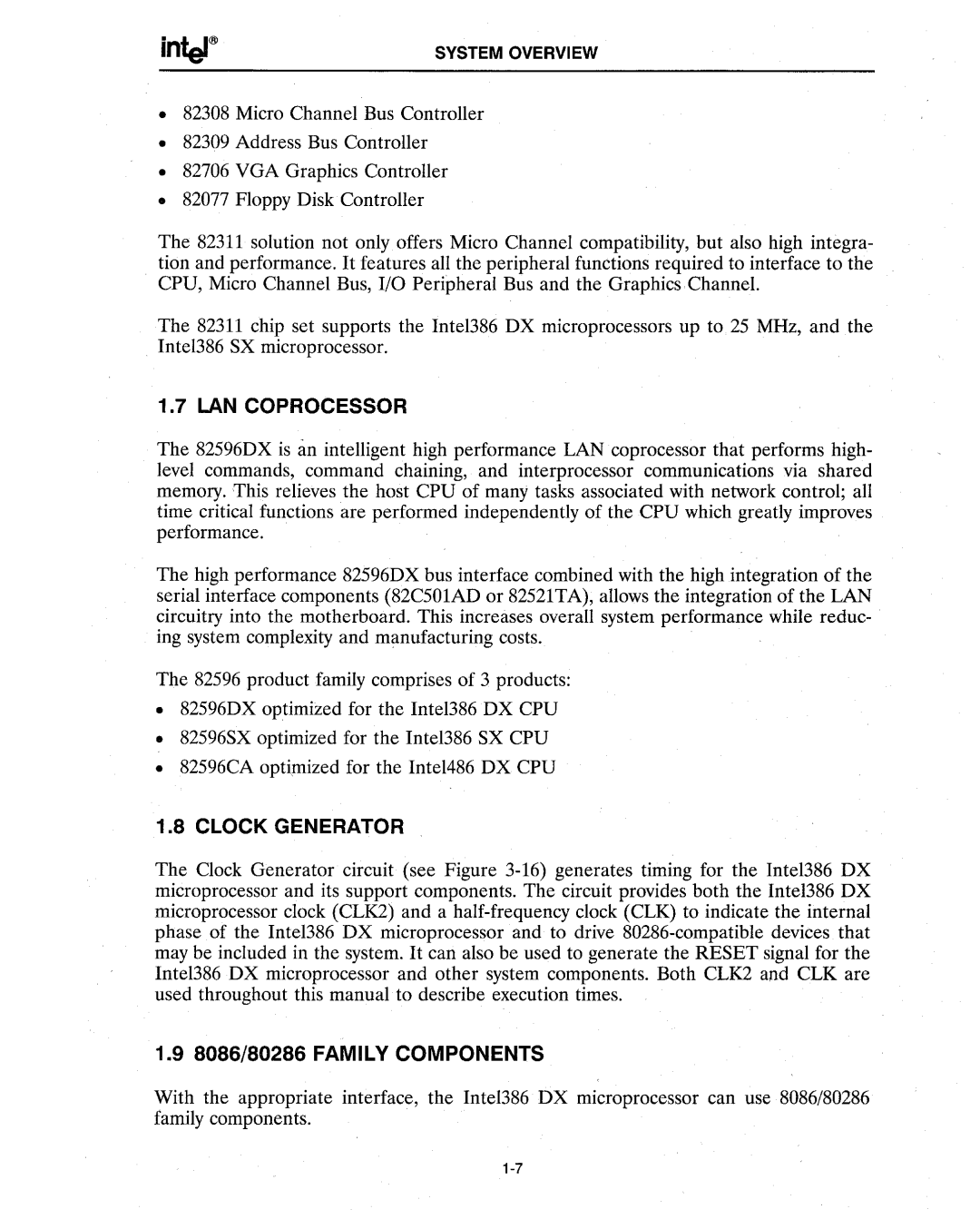 Intel 386 manual LAN Coprocessor, Clock Generator, 8086/80286 Family Components 