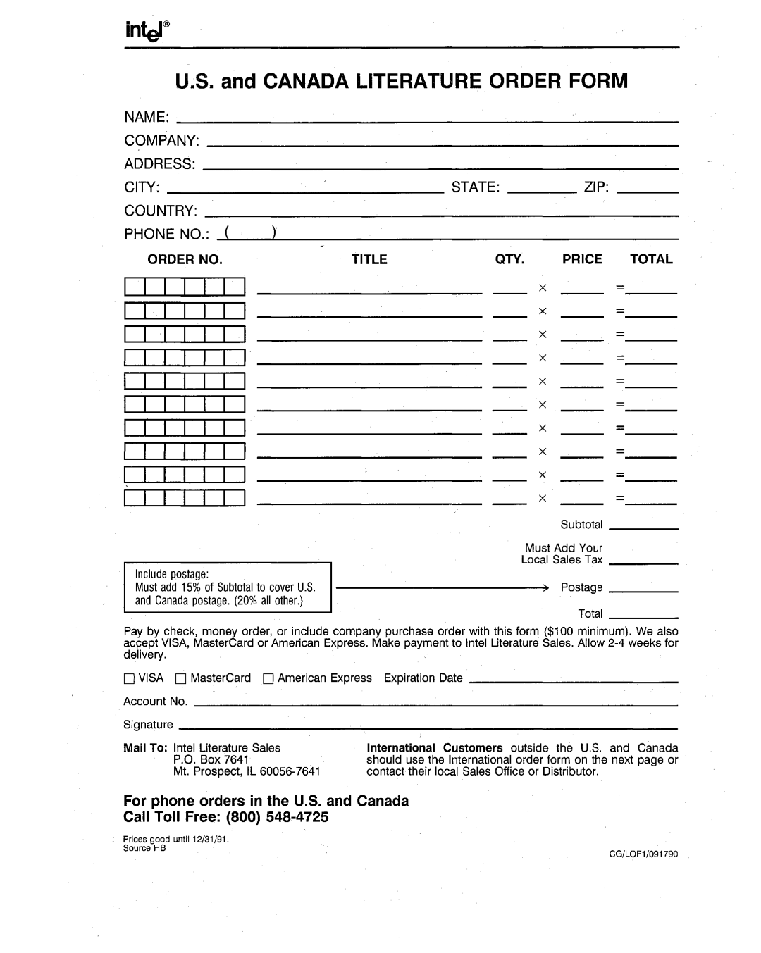 Intel 386 manual Canada Literature Order Form 