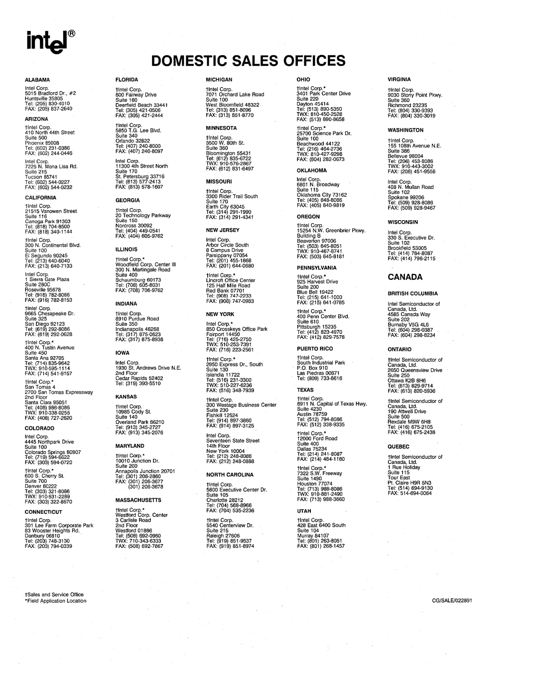 Intel 386 manual Domestic Sales Offices, ~~~~e~~orp. Center 