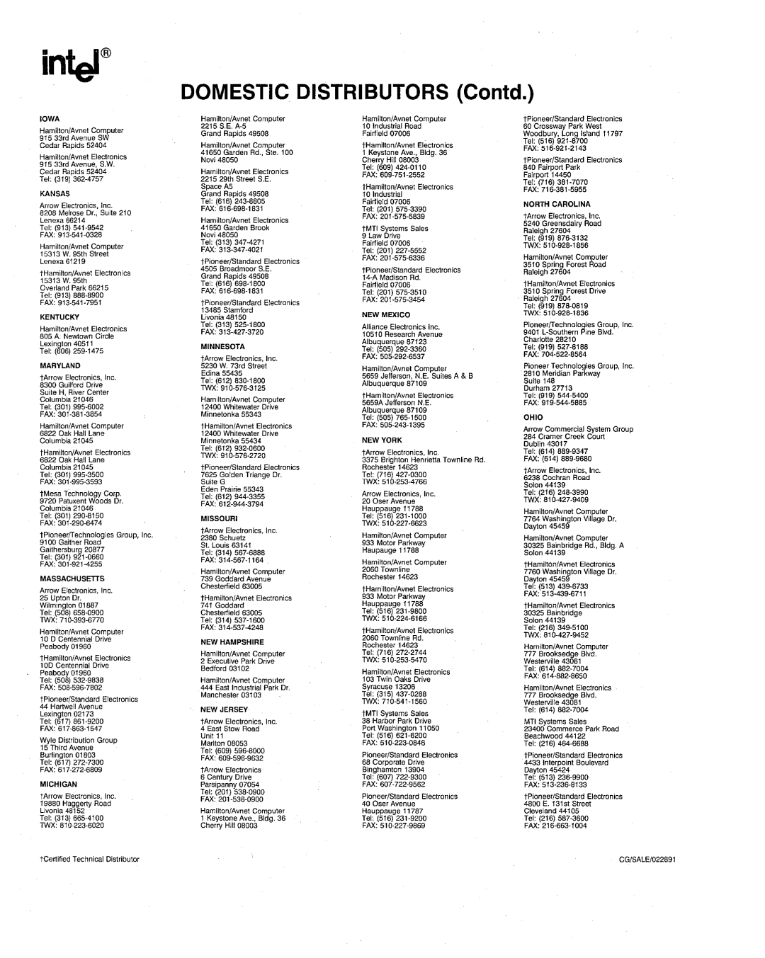 Intel 386 manual DOMESTIC, Distributors Contd 