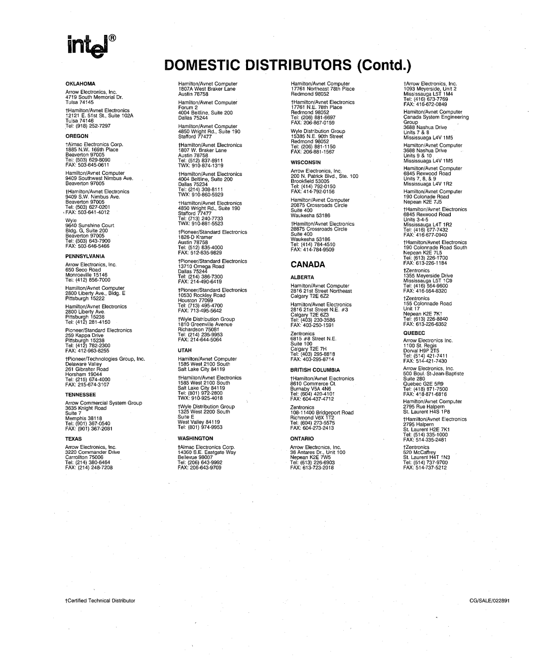 Intel 386 manual Domestic Distributors Contd 