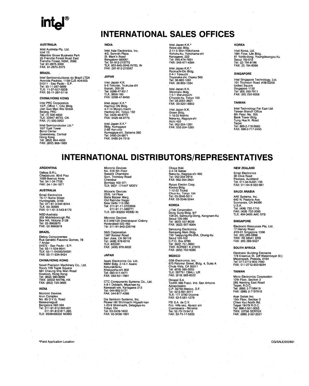 Intel 386 manual International Sales Offices, International DISTRIBUTORS/REPRESENTATIVES 