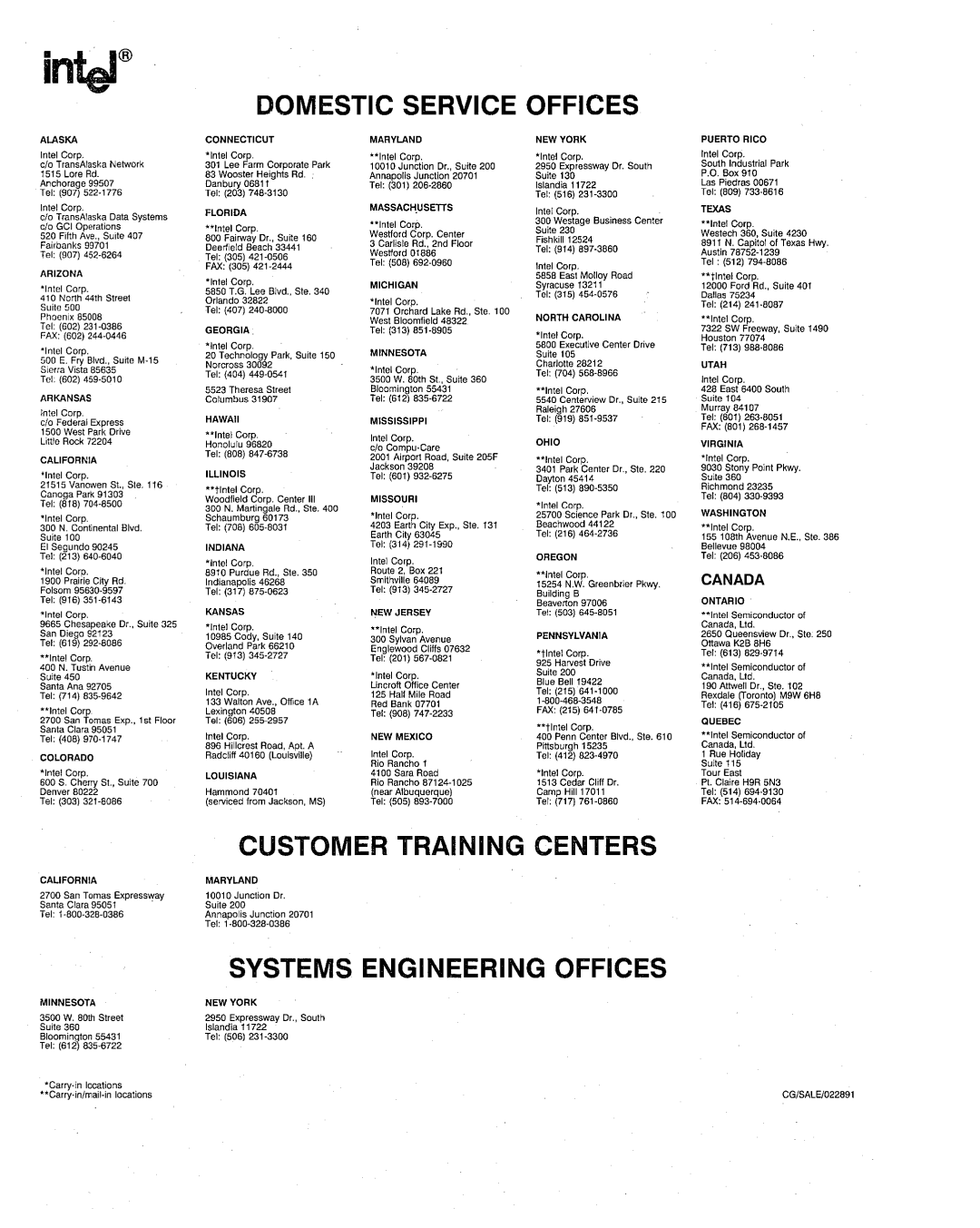 Intel 386 manual Domestic Service Offices, Customer Training Centers, Systems Engineering Offices 