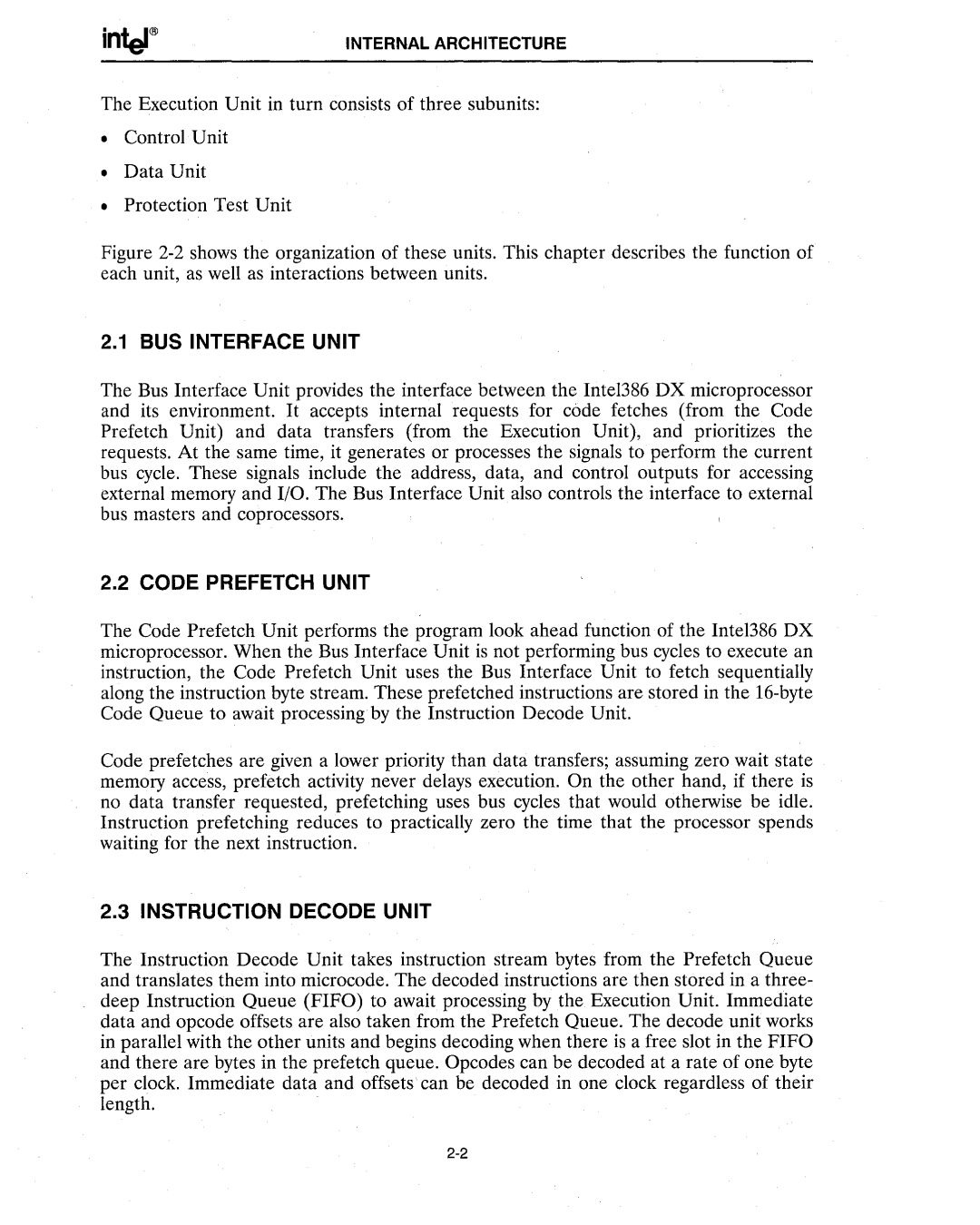 Intel 386 manual BUS Interface Unit, Code Prefetch Unit, Instruction Decode Unit 