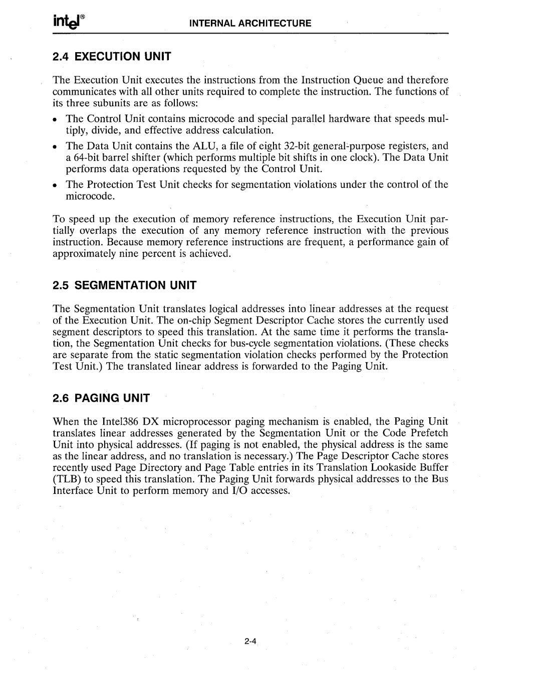 Intel 386 manual Execution Unit, Segmentation Unit, Paging Unit 