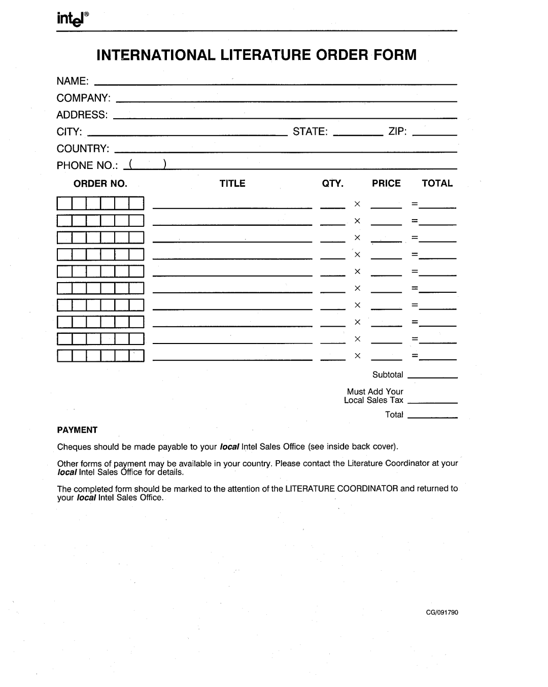 Intel 386 manual International Literature Order Form, Name Company ~ Address City State ZIP Country 