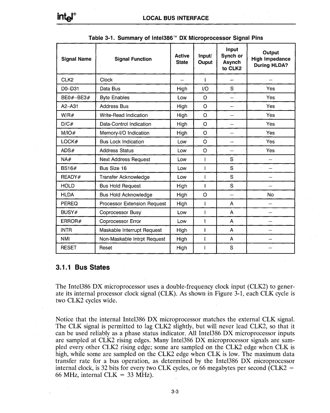 Intel manual Bus States, Summary of Intel386 OX Microprocessor Signal Pins 