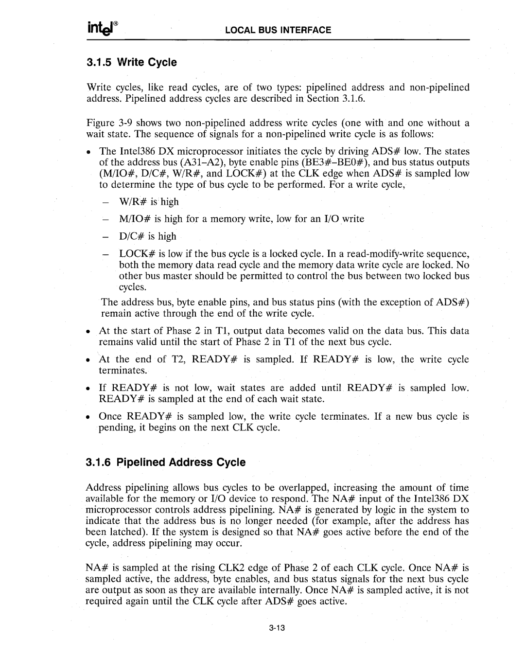 Intel 386 manual Write Cycle, Pipelined Address Cycle 