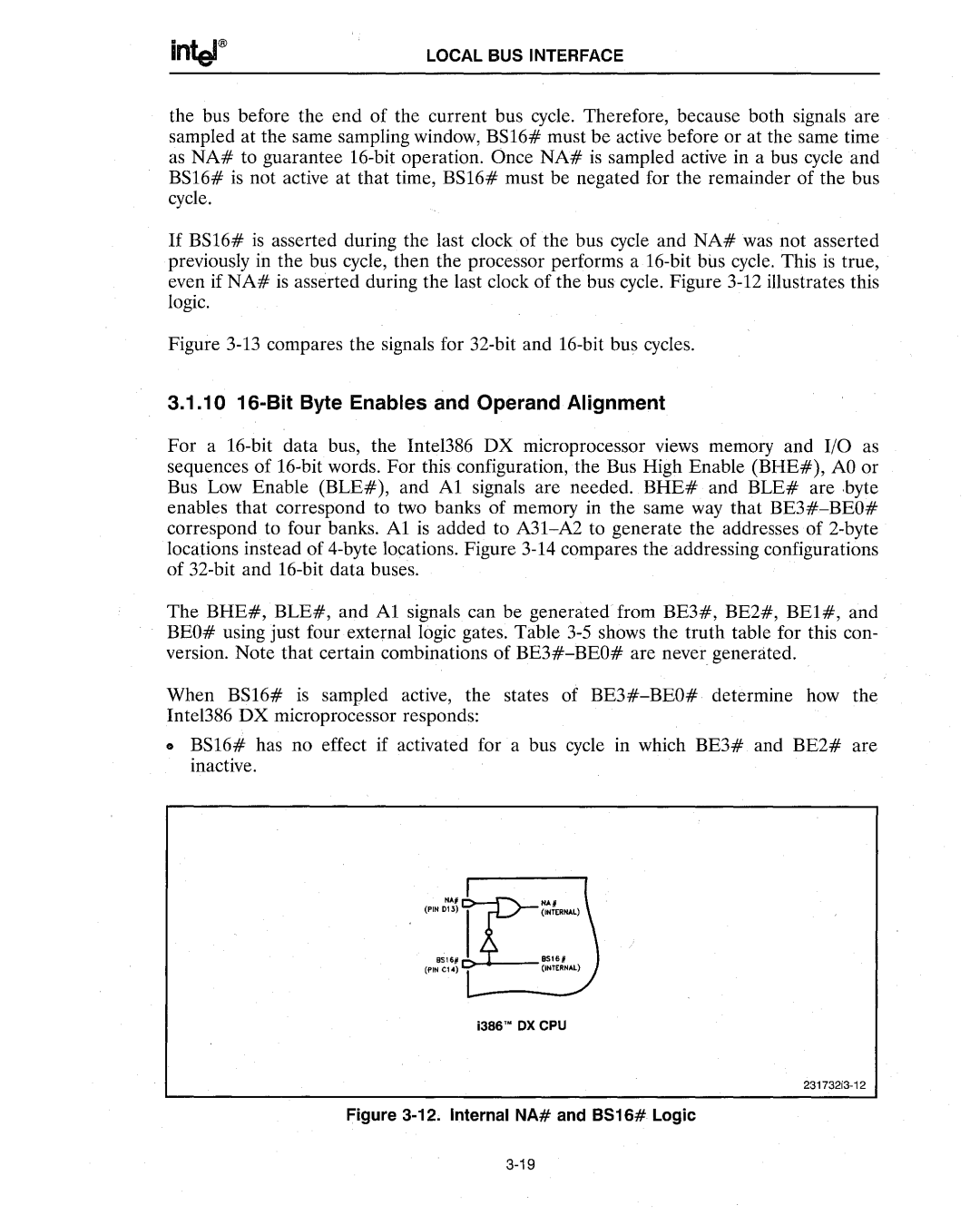 Intel 386 manual 10 i6-Bit Byte Enables and Operand Alignment, compares the signals for 32-bit and 16-bit bus cycles 