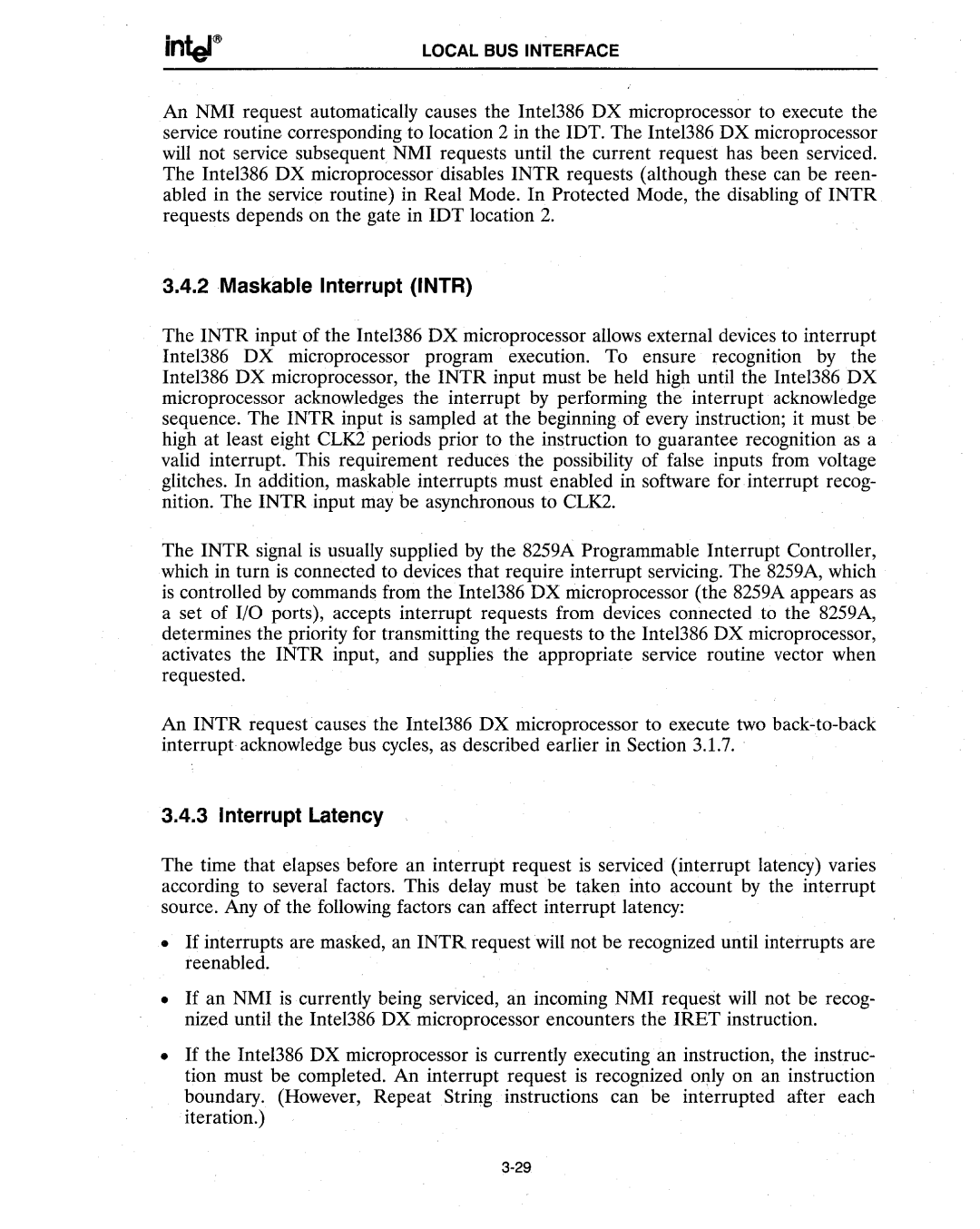 Intel 386 manual Maskable Interrupt Intr, Interrupt Latency 