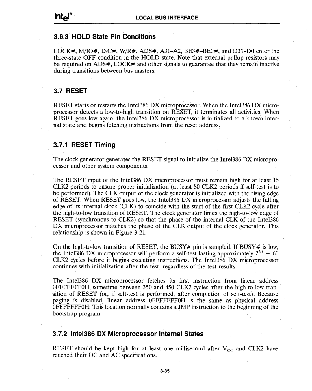 Intel manual Hold State Pin Conditions, Reset Timing, Intel386 OX Microprocessor Internal States 