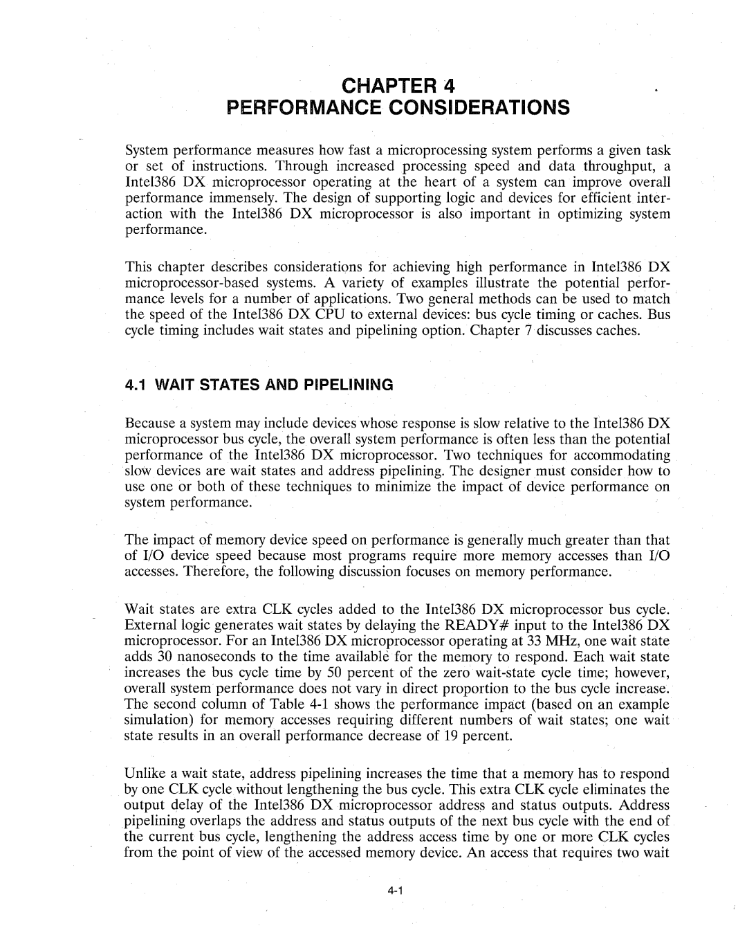 Intel 386 manual Chapter Performance Considerations, Wait States and Pipelining 