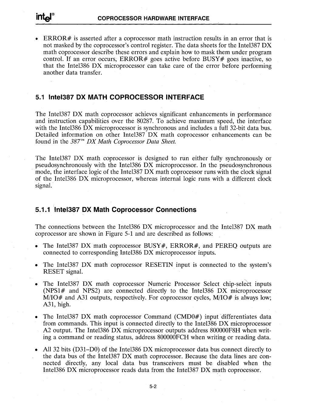 Intel 386 manual Intel387 OX Math Coprocessor Interface, Intel387 OX Math Coprocessor Connections 