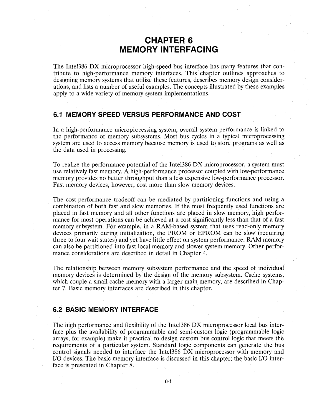 Intel 386 manual Chapter Memory Interfacing, Memory Speed Versus Performance and Cost, Basic Memory Interface 