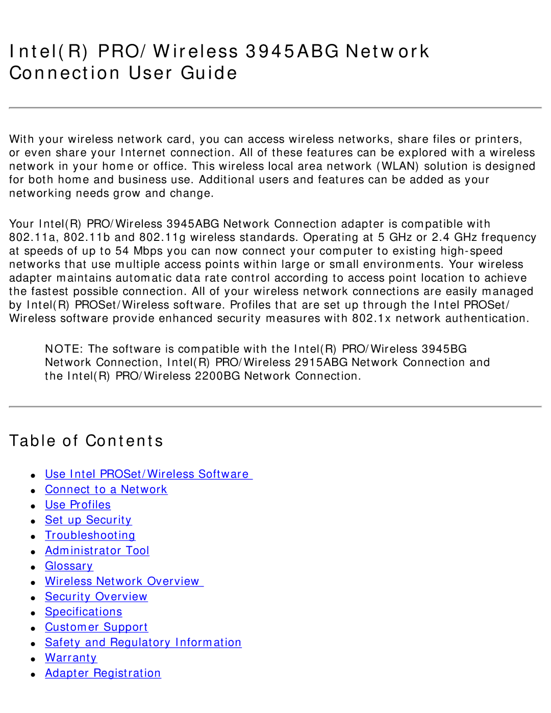 Intel specifications IntelR PRO/Wireless 3945ABG Network Connection User Guide, Table of Contents 