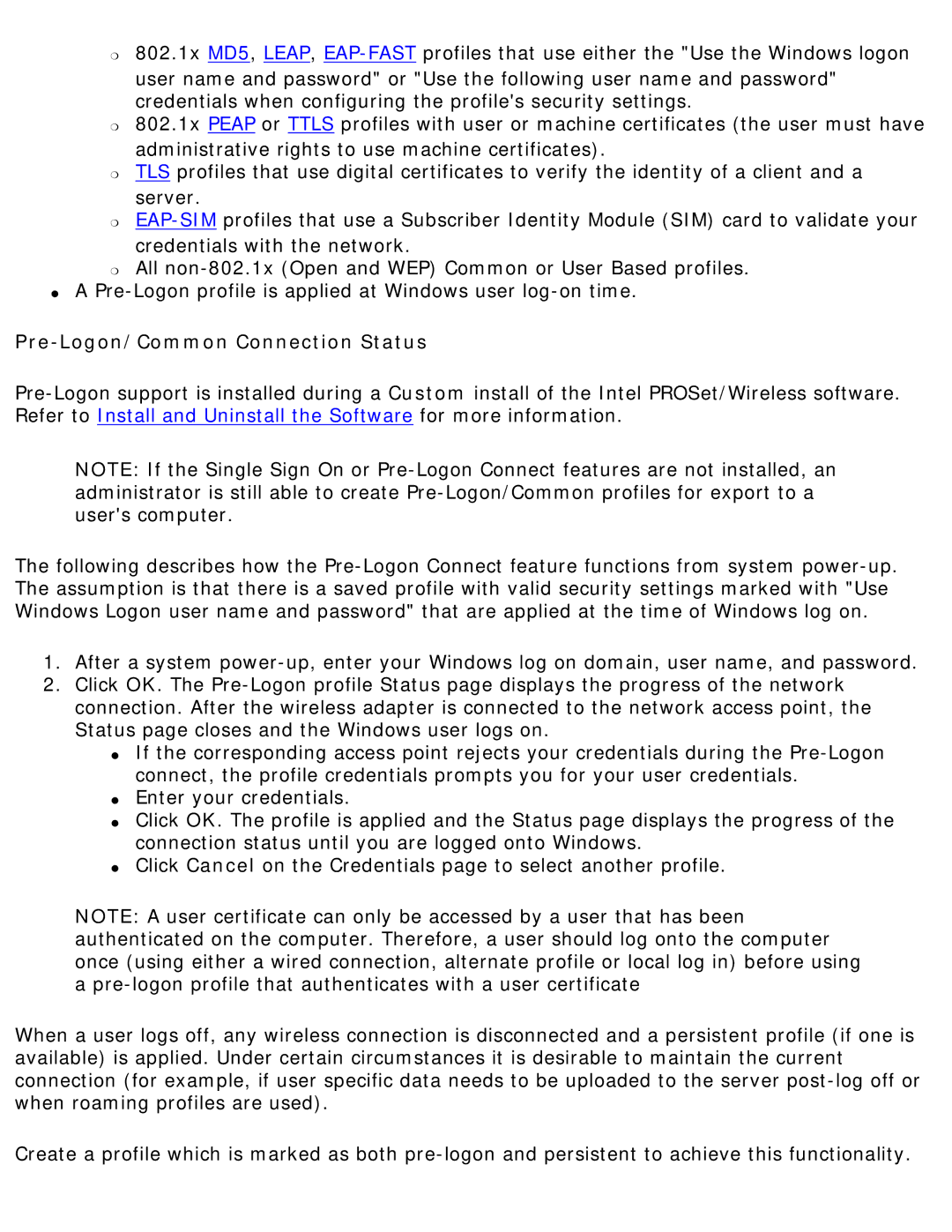 Intel 3945ABG specifications Pre-Logon/Common Connection Status 