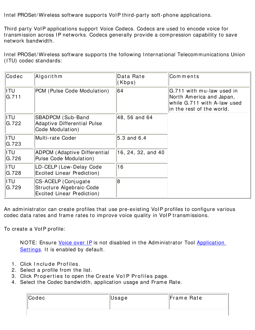 Intel 3945ABG specifications Codec Algorithm Data Rate Comments Kbps, Click Include Profiles, Codec Usage Frame Rate 