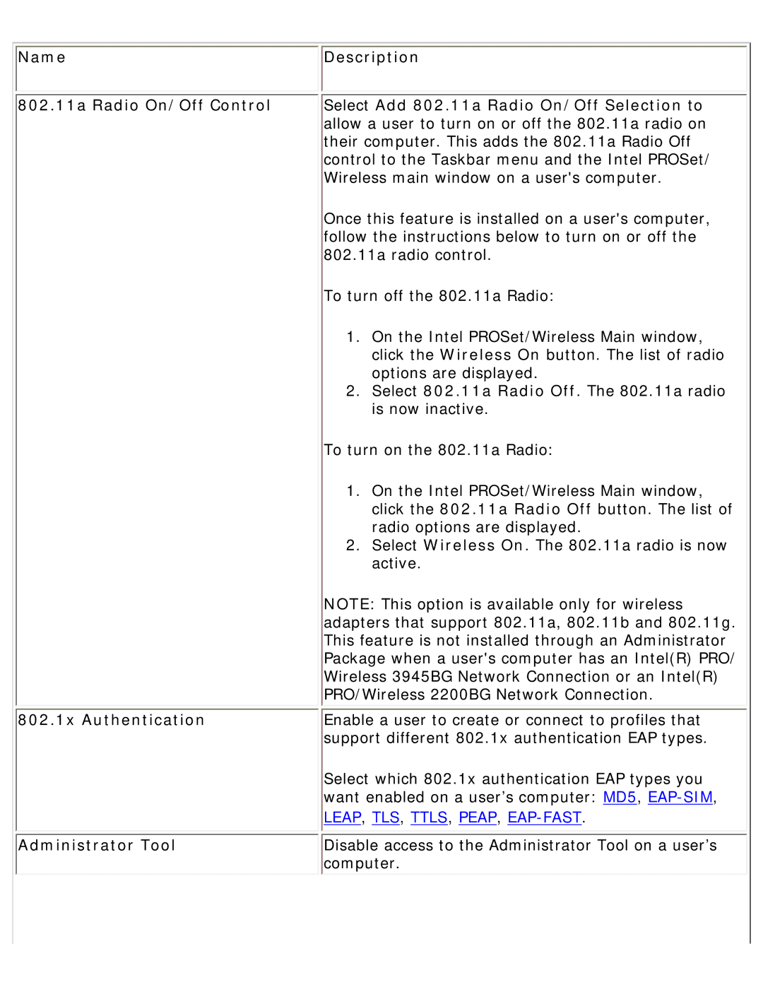 Intel 3945ABG specifications 802.1x Authentication, Administrator Tool 