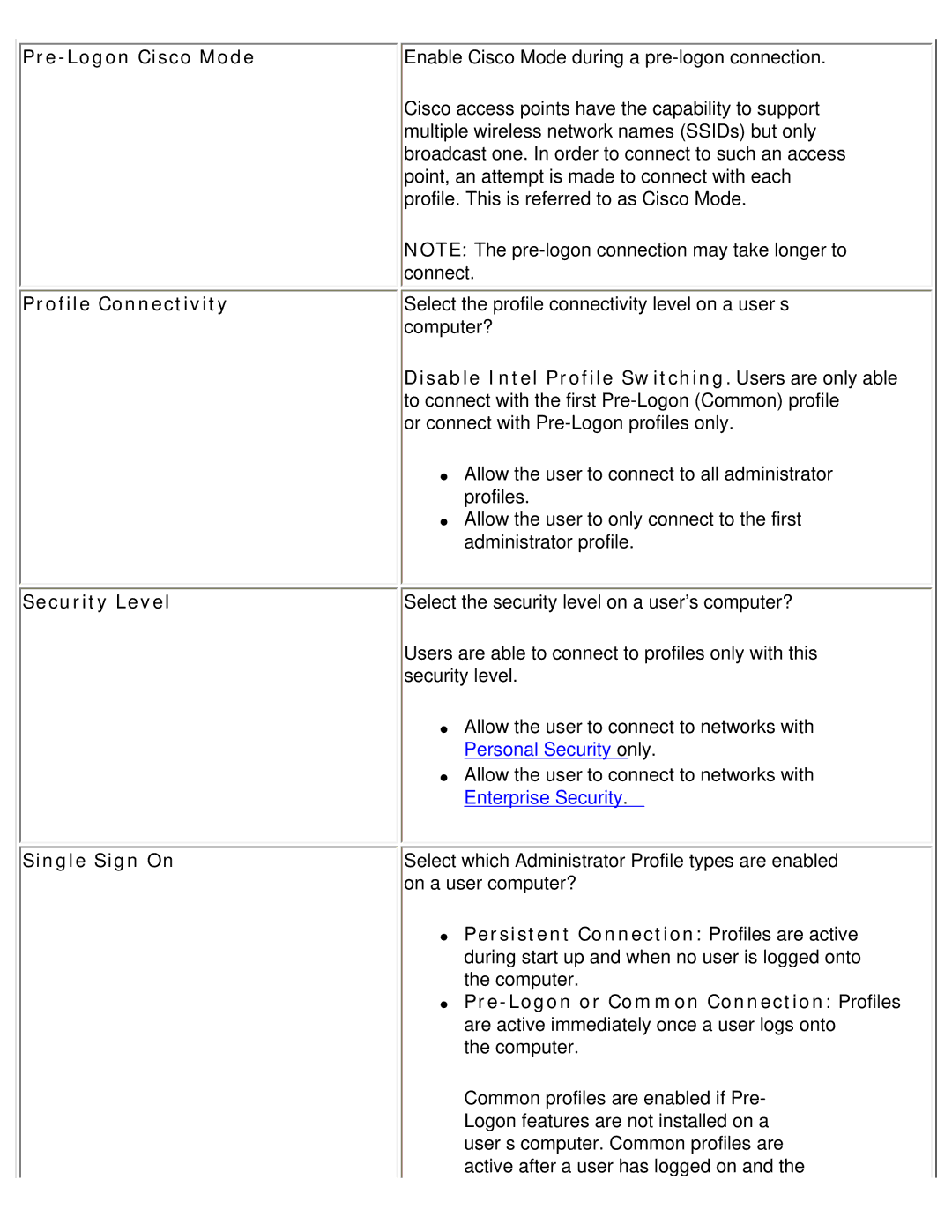 Intel 3945ABG Pre-Logon Cisco Mode, Profile Connectivity, Disable Intel Profile Switching . Users are only able 