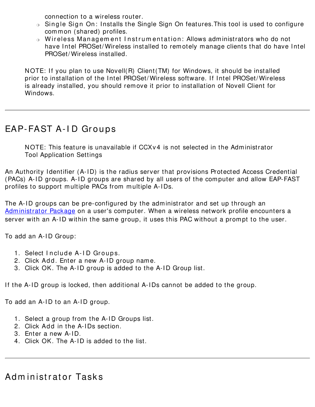 Intel 3945ABG specifications EAP-FAST A-ID Groups, Administrator Tasks, Select Include A-ID Groups 