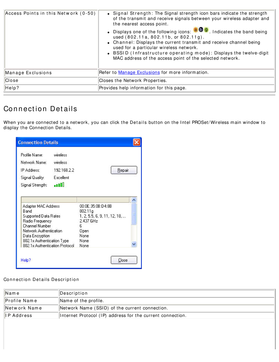 Intel 3945ABG specifications Connection Details 