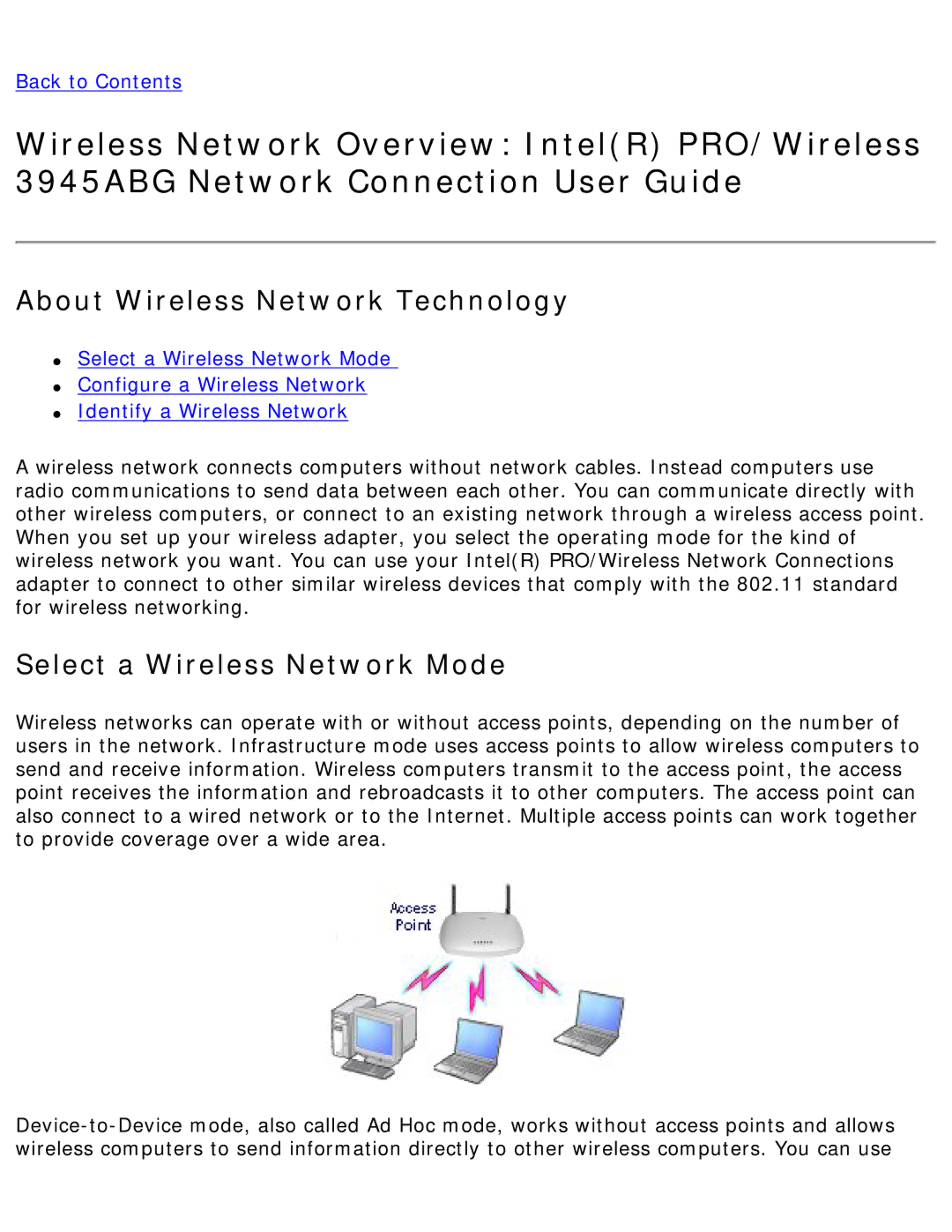 Intel 3945ABG specifications About Wireless Network Technology, Select a Wireless Network Mode 