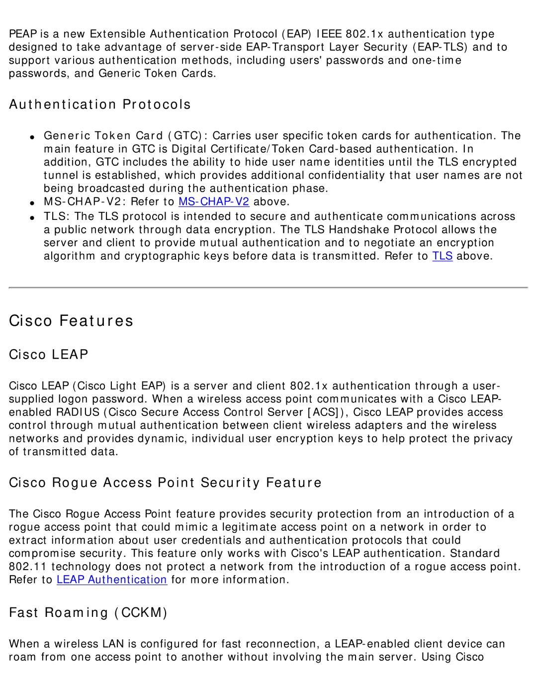 Intel 3945ABG specifications Cisco Features, Cisco Leap 