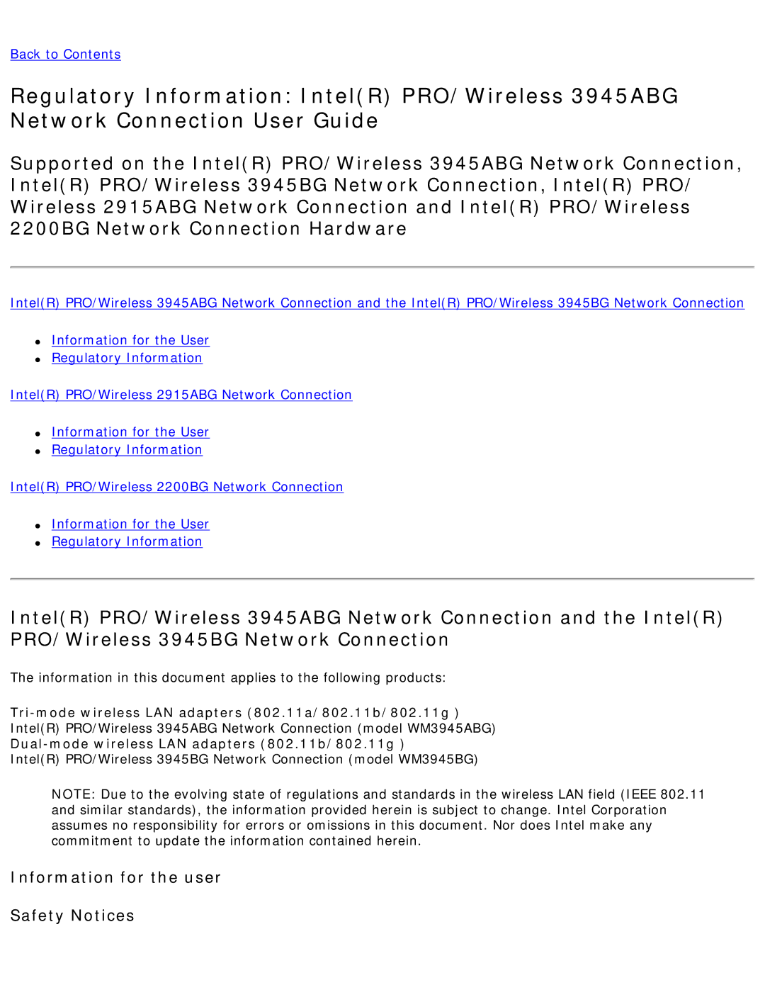 Intel 3945ABG Tri-mode wireless LAN adapters 802.11a/802.11b/802.11g, Dual-mode wireless LAN adapters 802.11b/802.11g 