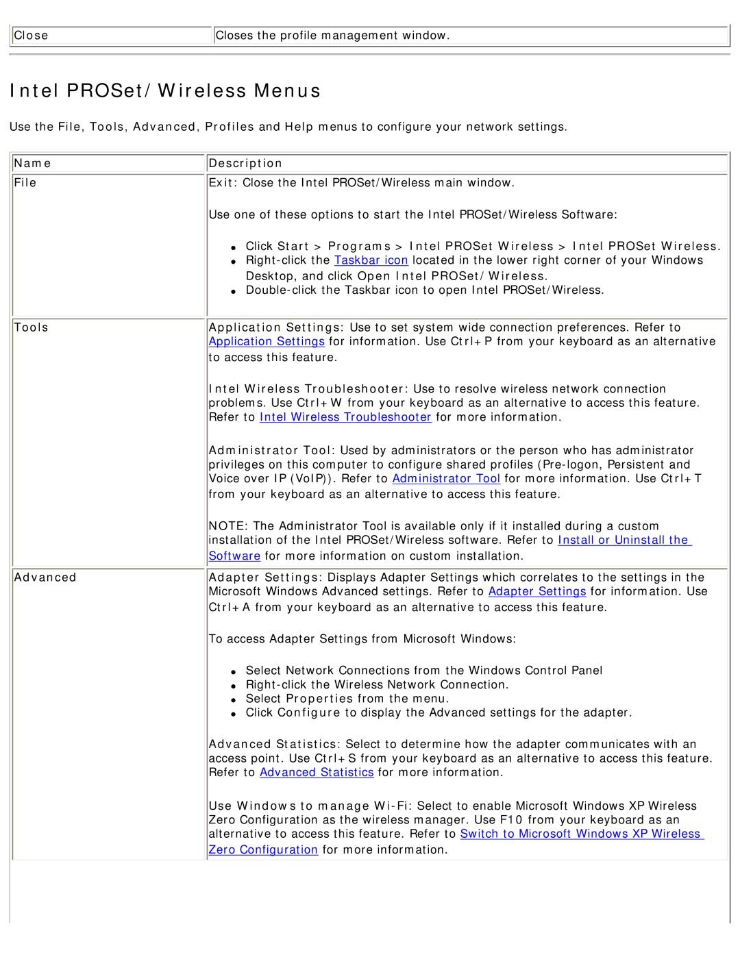 Intel 3945ABG Intel PROSet/Wireless Menus, Name Description File, Desktop, and click Open Intel PROSet/Wireless, Tools 